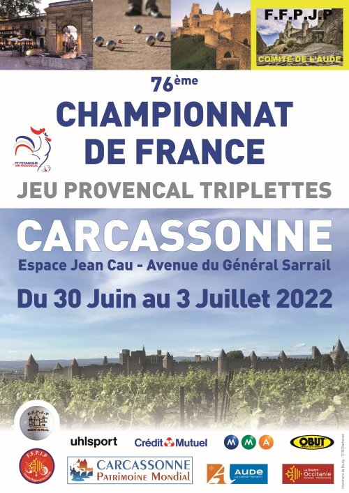 L'affiche de ce 76éme Championnat au pied de la Cité de Carcassonne (Photo Comité de l'Aude FFPJP) L'affiche de ce 76éme Championnat au pied de la Cité de Carcassonne (Photo Comité de l'Aude FFPJP)