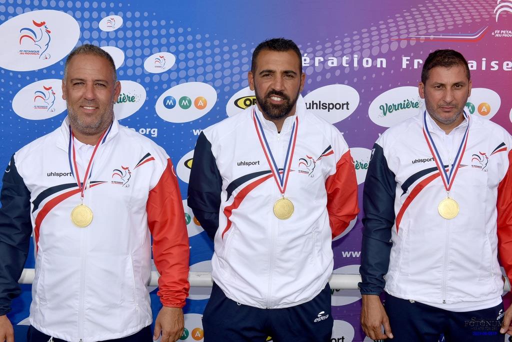 Fabrice ROUVIN Anthony KERFAH Mohamed BENMOSTEFA Champions de France 2023, et vraies Etoiles du Jeu Provençal