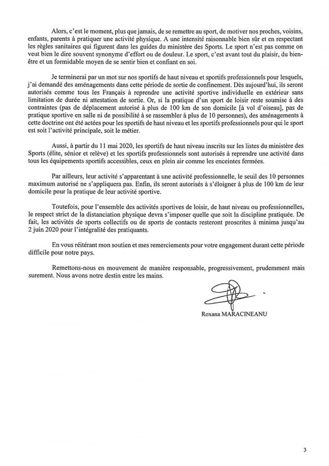 DIRECTIVE   DE LA   MINISTRE   DES   SPORTS.