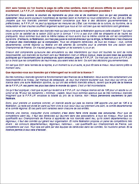 COMMUNIQUE  FFPJP  JANVIER  2021