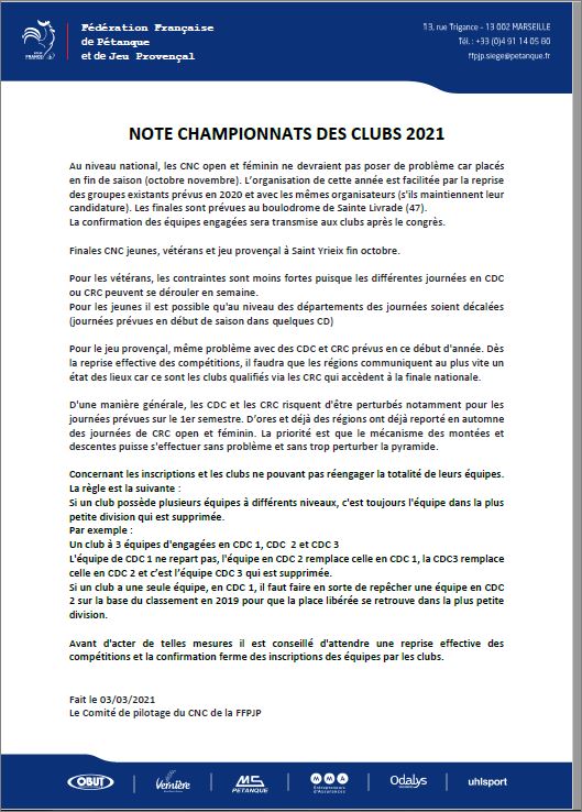 NOTE   FFPJP   DU 03 MARS   COUPE DE  FRANCE   ET  CHAMPIONNATS  DES  CLUBS 2021