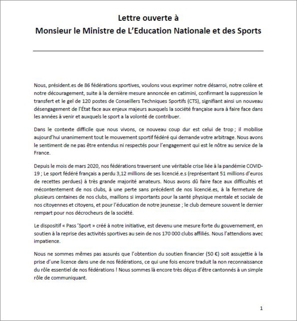 LETTRE  OUVERTE  DU  MINISTRE  DE  L'EDUCATION  NATIONALE  DE  LA  JEUNESSE  ET  DES  SPORTS