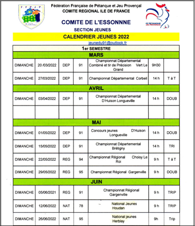 CALENDRIERS  JEUNES  1ére SEMESTRE  2022