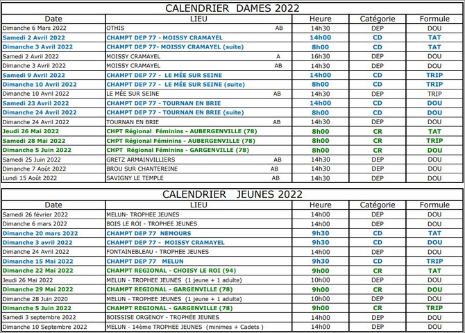 CALENDRIERS  DAMES  +  JEUNES  SEINE ET MARNE