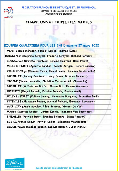CHAMPIONNAT TRIPLETTE MIXTE CHAMPIONNAT TRIPLETTE MIXTE