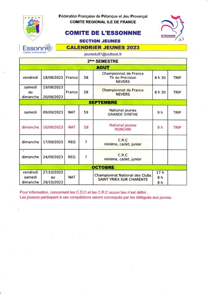 RECTIFICATION  DU  CALENDRIER JEUNES  2023