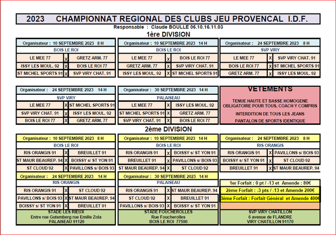 CALENDRIERS  DES  CRC : JEU PROVENCAL -  FEMININS - VETERANS -  SENIORS   