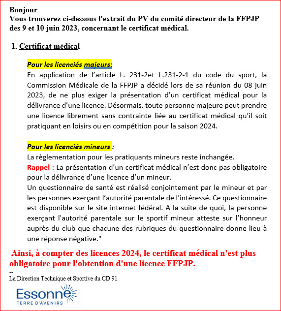 SUPPRESSION  DU CERTIFICAT   MEDICAL 2024