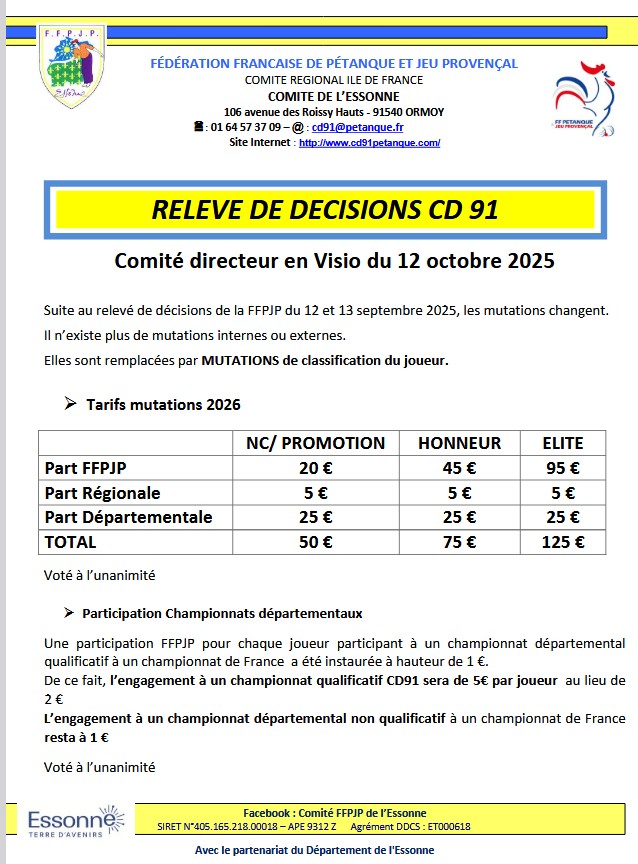 RELEVE DECISIONS DU CD.91 MUTATION RELEVE DECISIONS DU CD.91 MUTATION