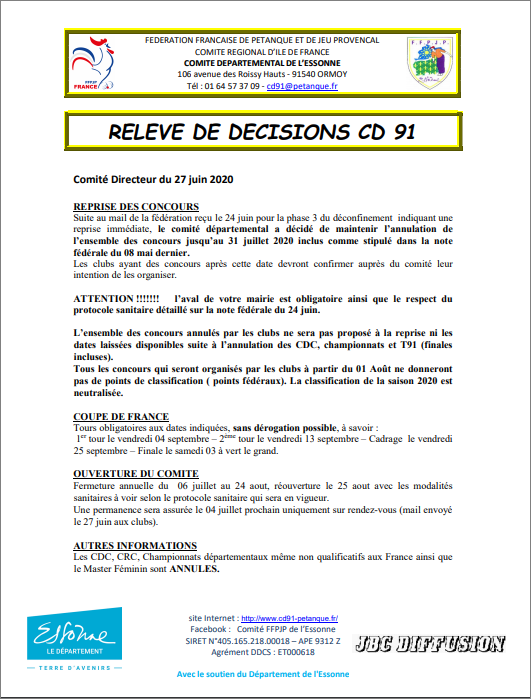 RELEVE  DE  DECISION  DU  CD.91  LE  27 JUIN