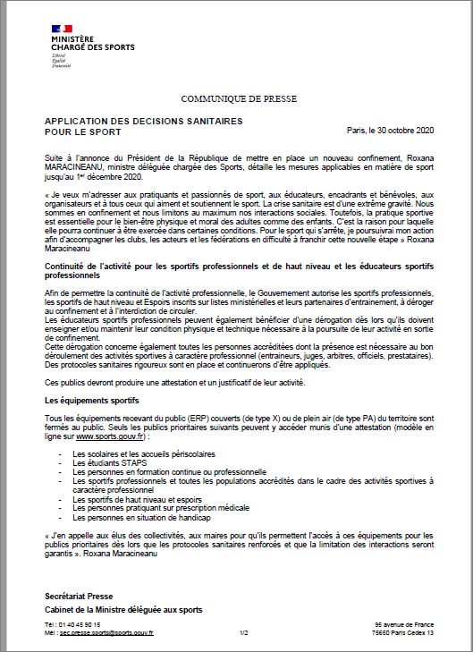 COMMUNIQUE  DU  MINISTÈRE  DES  SPORTS