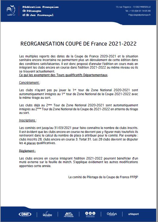 NOTE   FFPJP   DU 03 MARS   COUPE DE  FRANCE   ET  CHAMPIONNATS  DES  CLUBS 2021