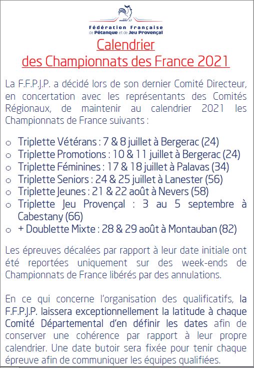 VOICI  LA  LISTE  DES  CHAMPIONNATS  DE  FRANCE  PREVUS  EN  2021