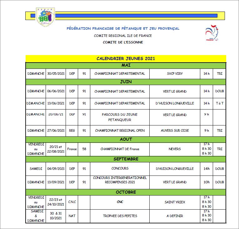 CALENDRIER  JEUNES  2021