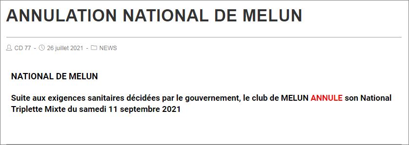 ANNULATION DU NATIONAL DE MELUN 2021 ANNULATION DU NATIONAL DE MELUN 2021