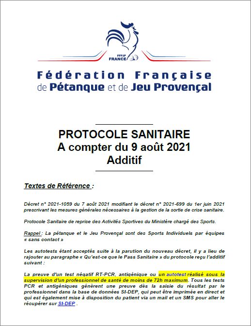 PROTOCOLE   SANITAIRE   EN VIGUEUR   AOUT  2021