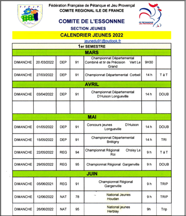CALENDRIERS  JEUNES  1ére SEMESTRE  2022