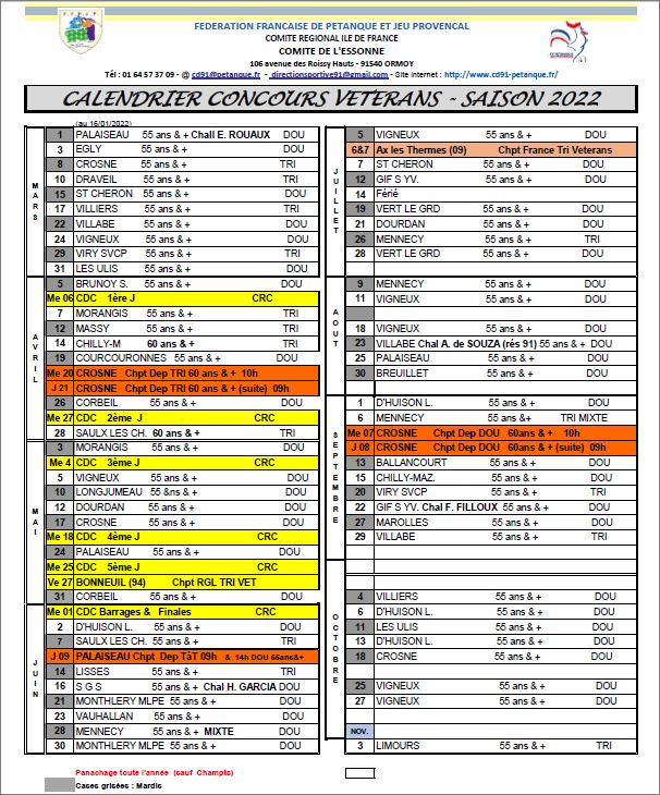 CALENDRIER  DES  VETERANS  2022