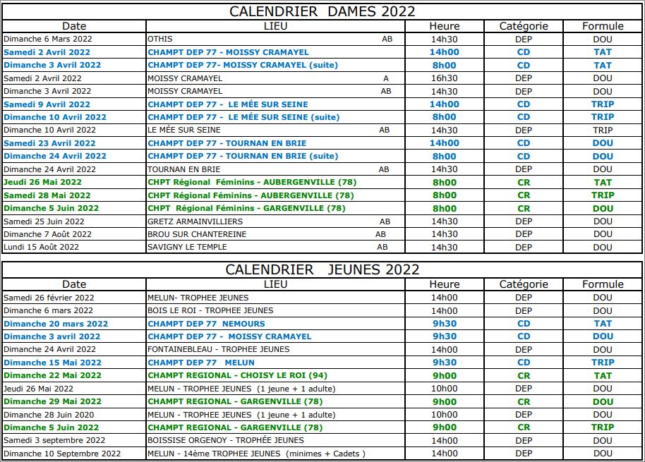 CALENDRIERS  DAMES  +  JEUNES  SEINE ET MARNE