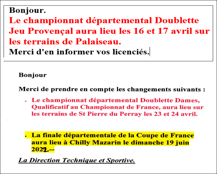 RECTIFICATIF   CHANGEMENT DE TERRAINS  SUR DIFFERENTS  CHAMPIONNATS  2022