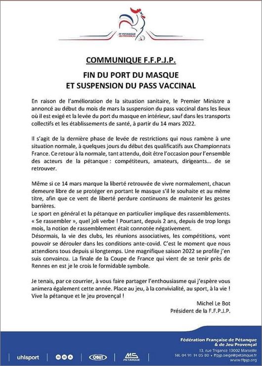 NOUVEAU  COMMUNIQUE  DE LA  FFPJP 