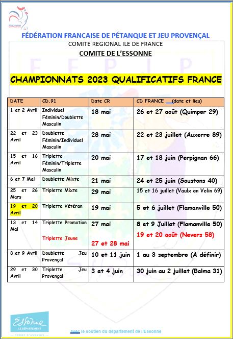 DATES DES  DIFFERENTS CHAMPIONNATS  2023
