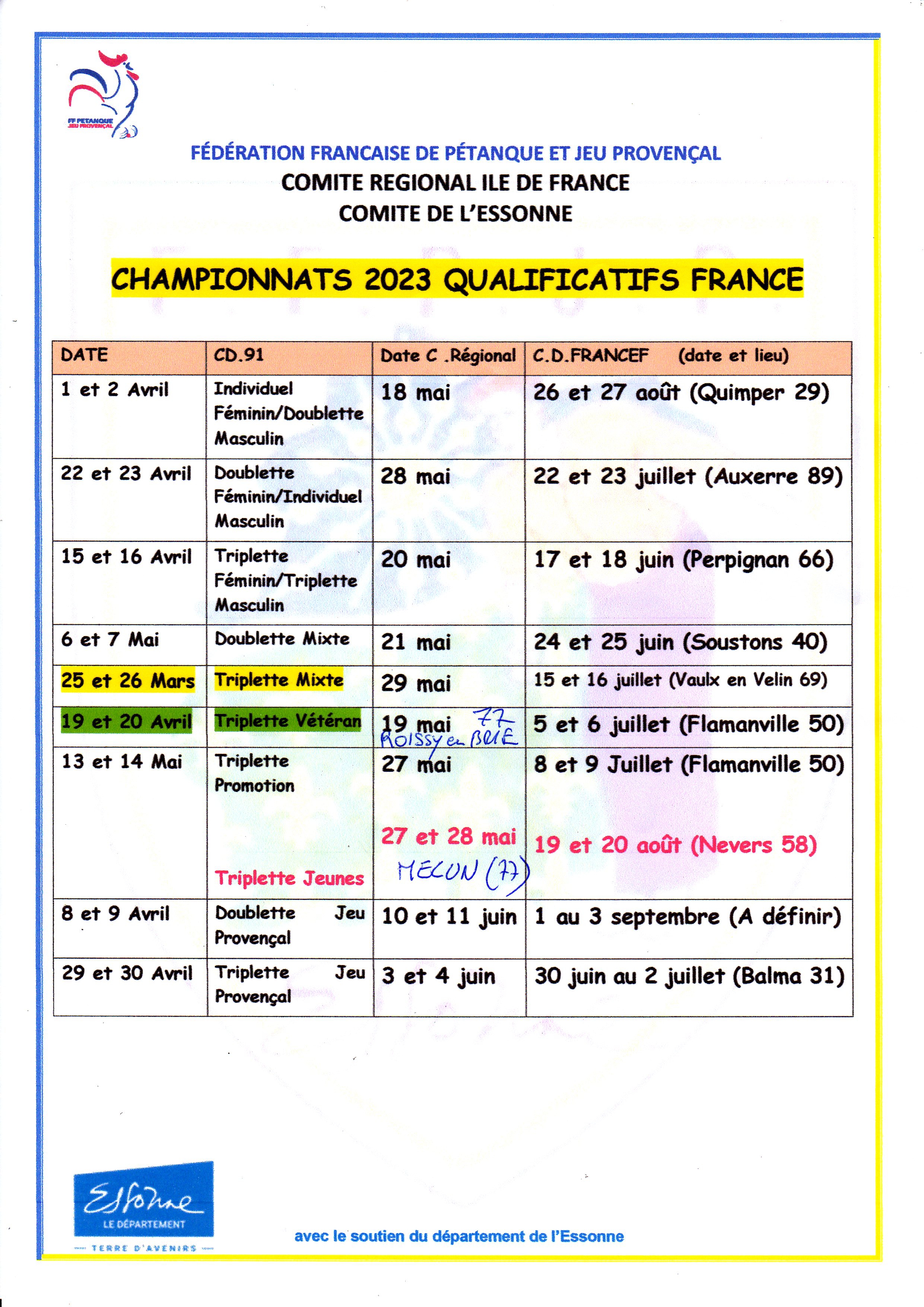 DATE DES CHAMPIONNATS QUALIFICATIFS 2023 ET FRANCE