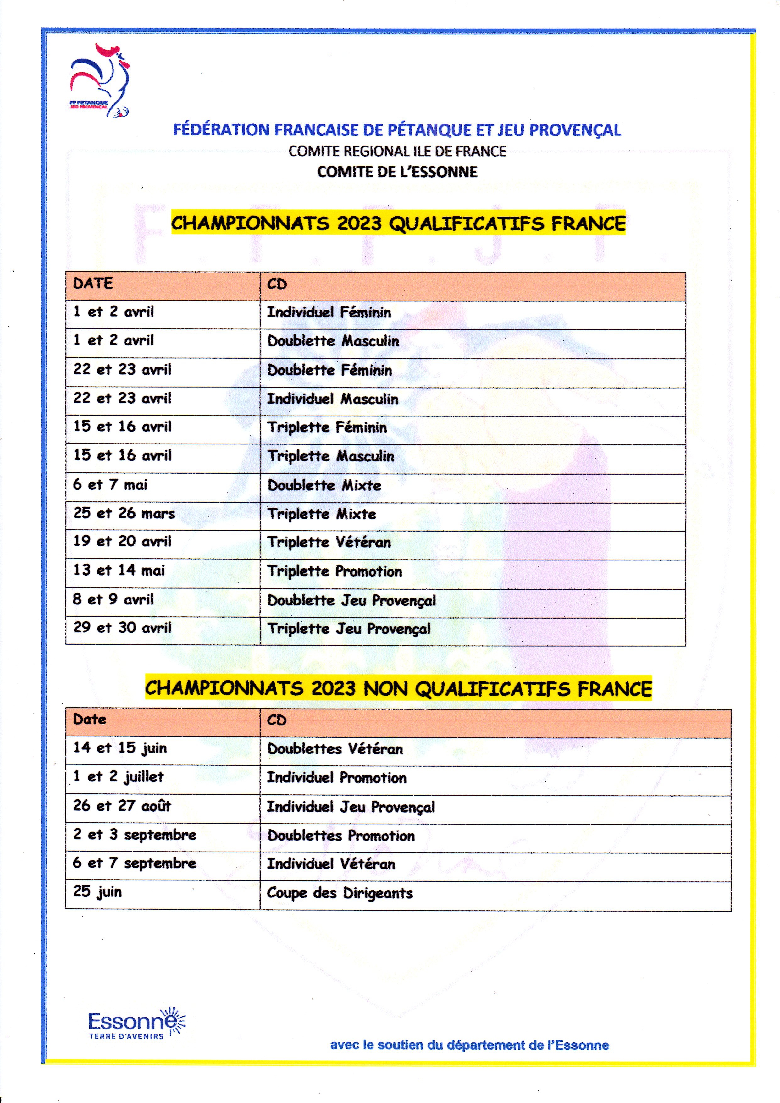 DATE DES CHAMPIONNATS QUALIFICATIFS 2023 ET FRANCE