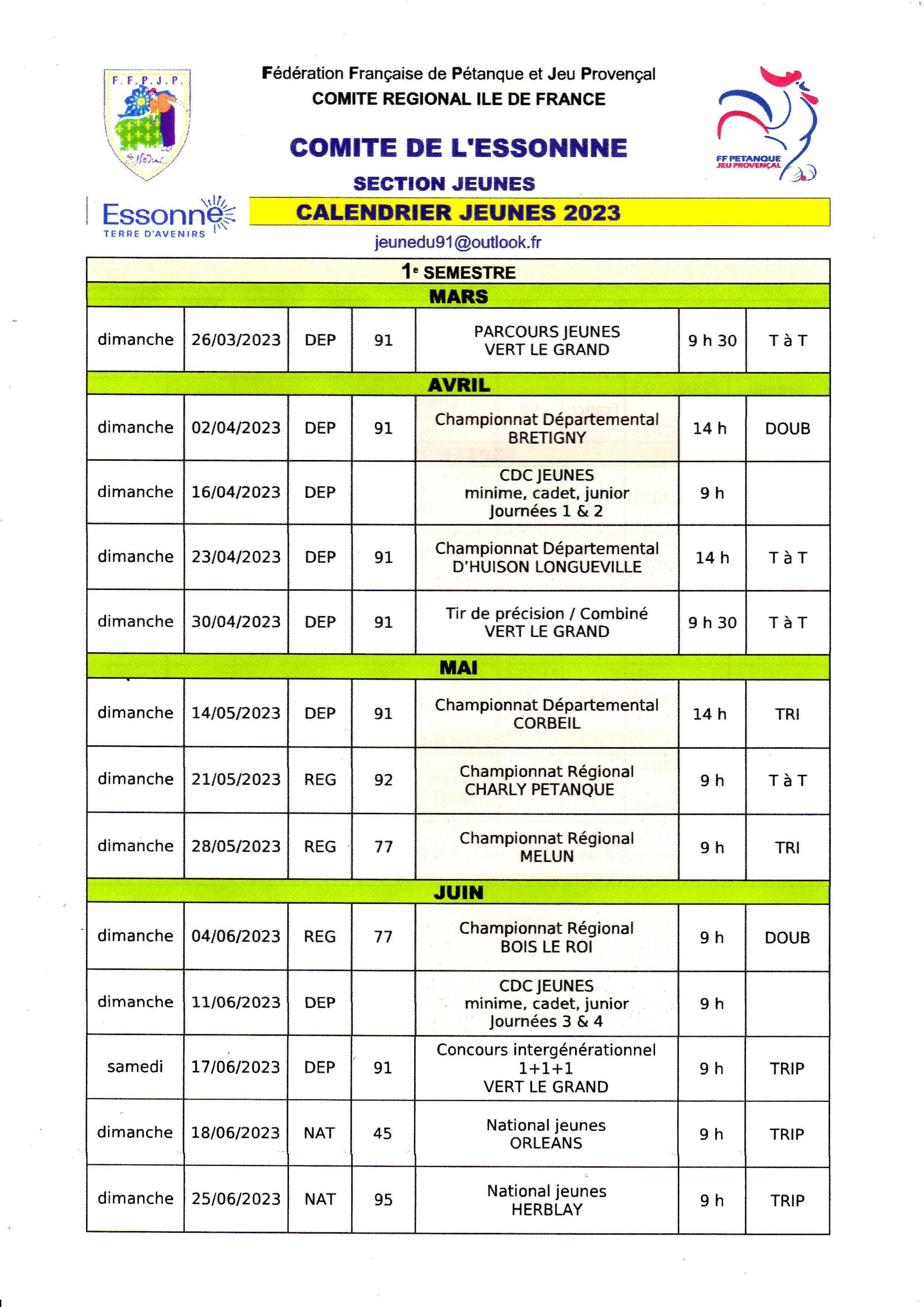 RECTIFICATION  DU  CALENDRIER JEUNES  2023