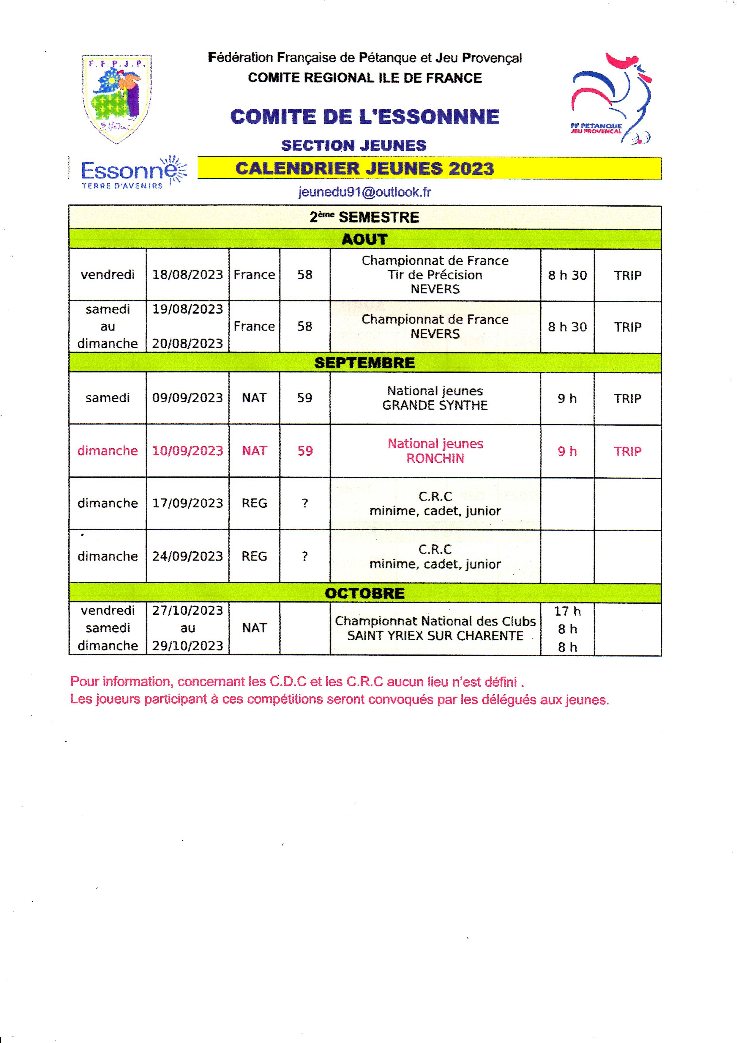 RECTIFICATION  DU  CALENDRIER JEUNES  2023