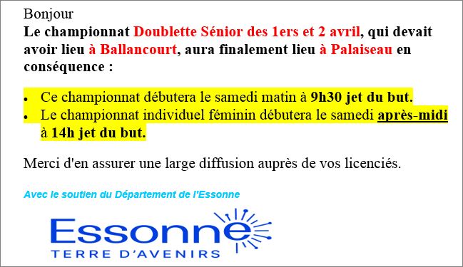 CHANGEMENT DE TERRAIN  EN  CHAMPIONNAT DOUBLETTE  SENIORS