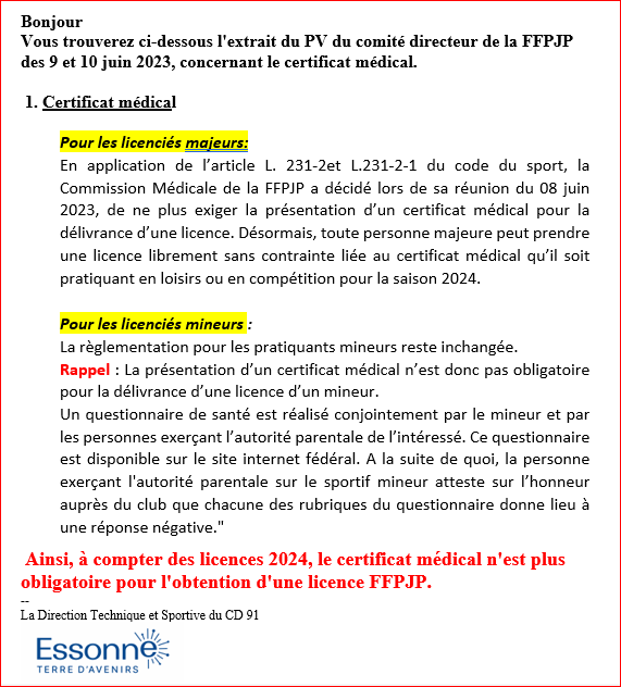 SUPPRESSION  DU CERTIFICAT   MEDICAL 2024