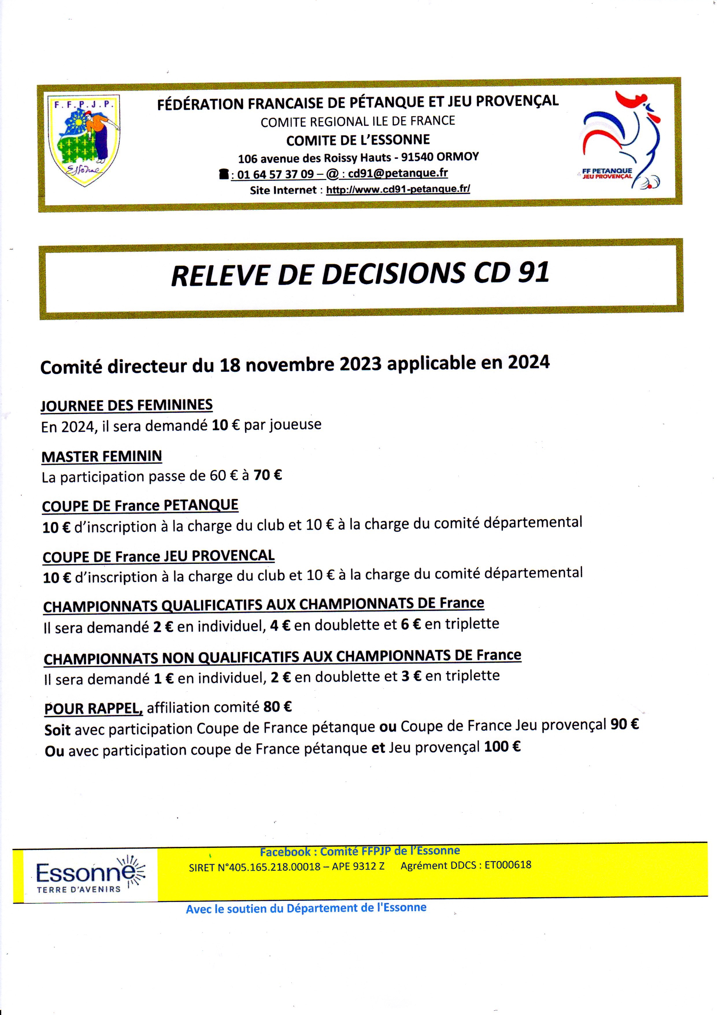 RELEVE DE DECISION DU CD.91 2024 RELEVE DE DECISION DU CD.91 2024