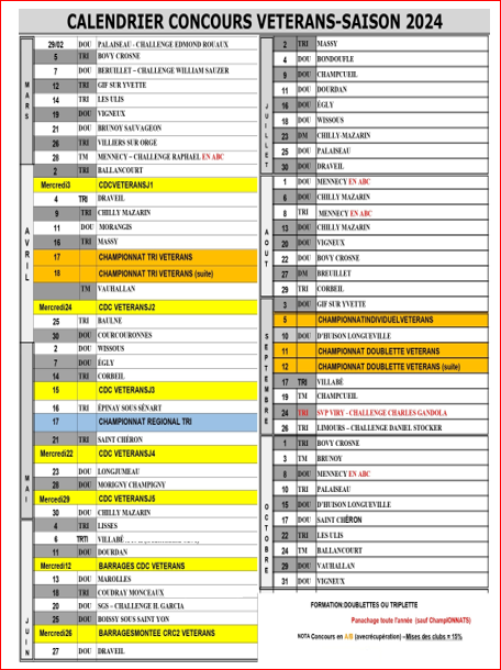 CALENDRIER CONCOURS VETERANS