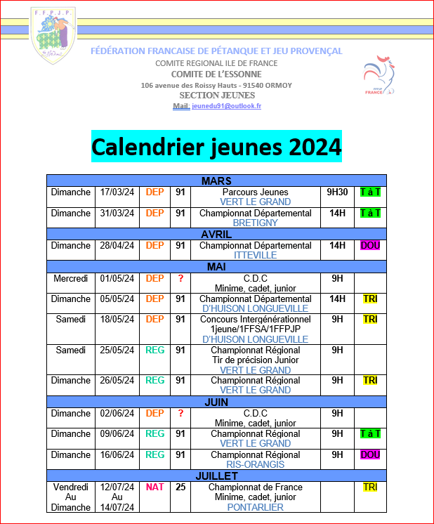 CALENDRIER  JEUNES  SAISON 2024