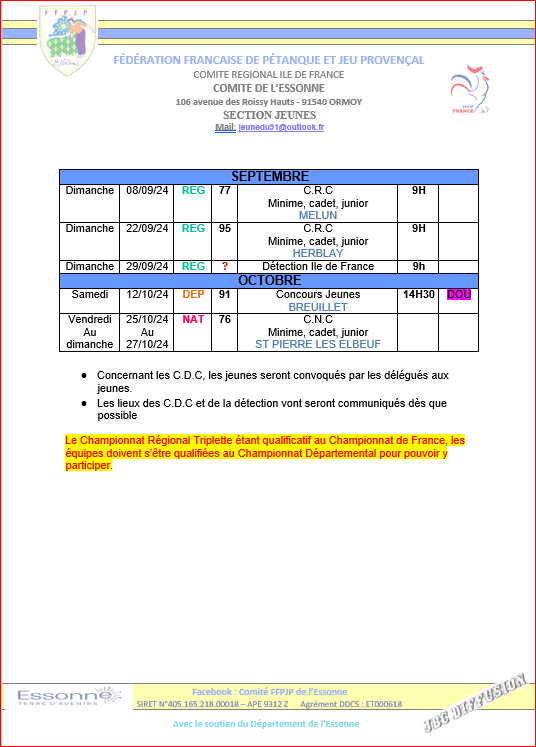 CALENDRIER  JEUNES  SAISON 2024