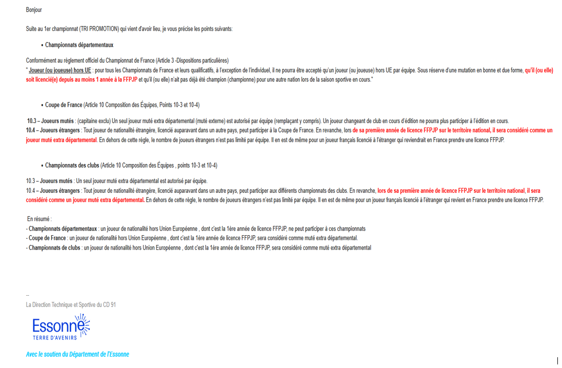ARTICLE DU REGLEMENT POUR LICENCE ETRANGERE