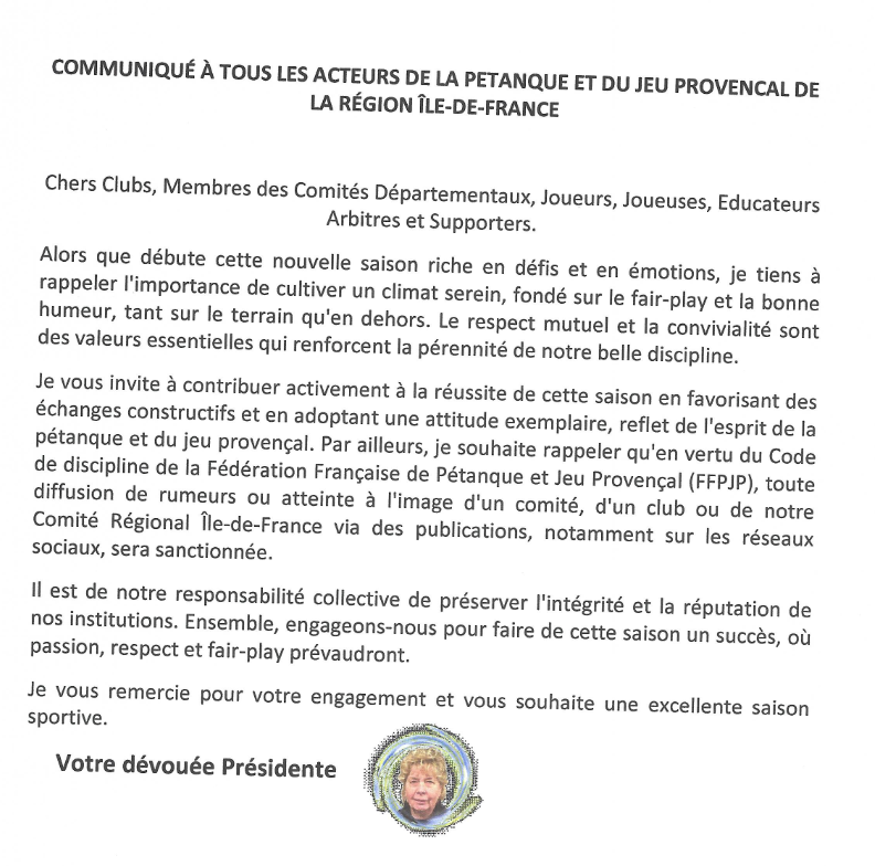 LETTRE  DU  COMITE  ILE DE FRANCE