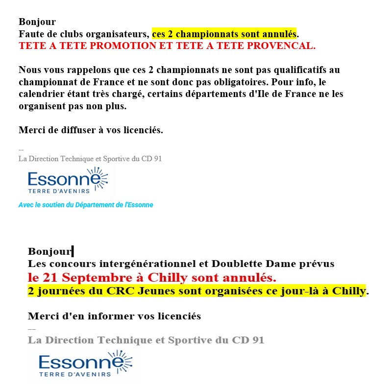 ANNULATION  DES CONCOURS  ET CHAMPIONNATS