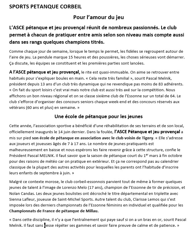 ARTICLE  DE LA MAIRIE  SUR LE CLUB