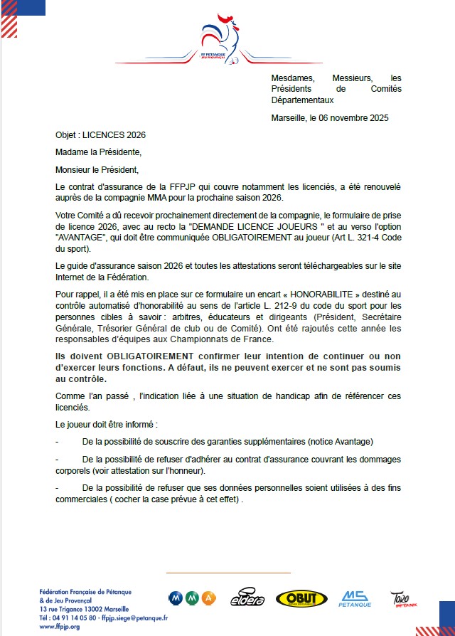 LETTRE  FFPJP  ASSURANCE