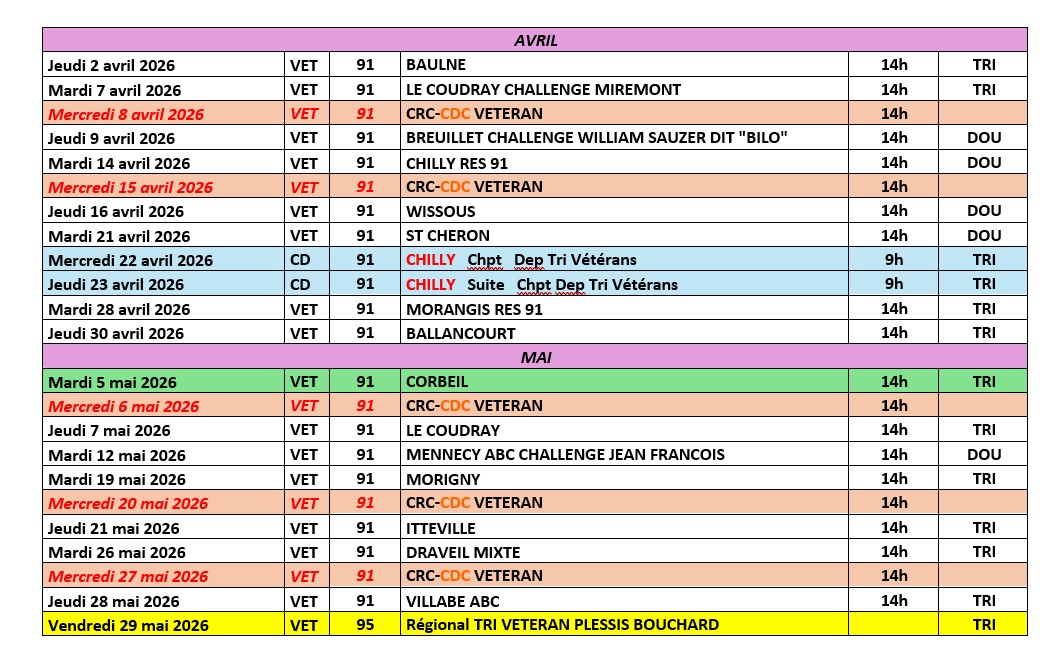 CALENDRIER  VETERANS ET SENIORS