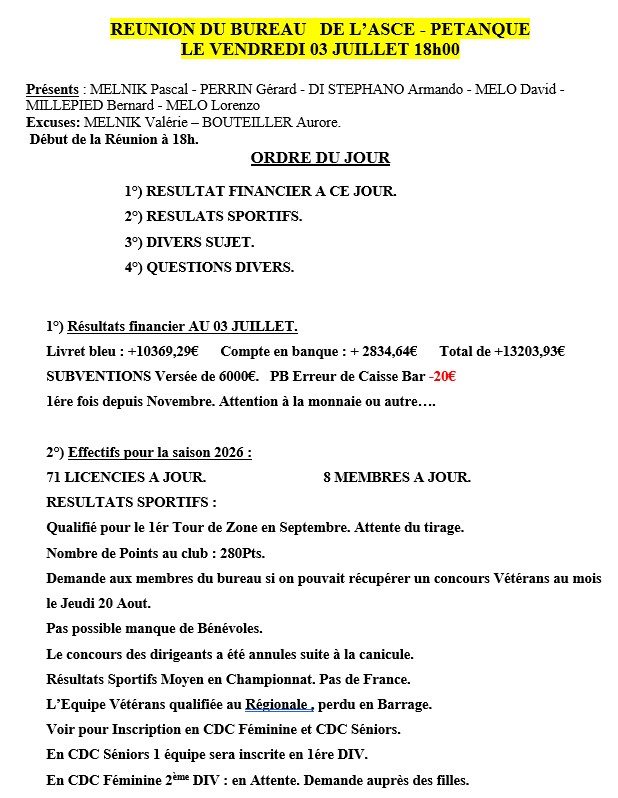 COMPTE  RENDU  REUNION DE  BUREAU