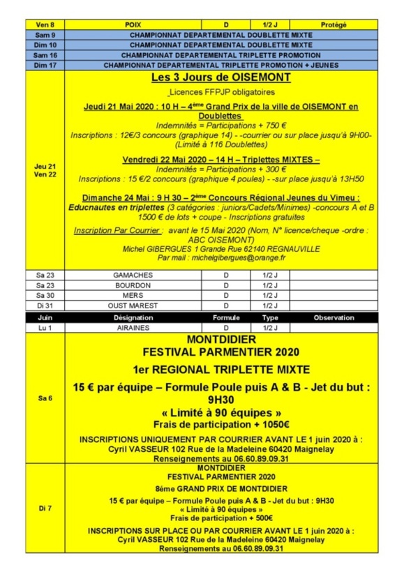 CALENDRIER FFPJP - SOMME 2020 CALENDRIER FFPJP - SOMME 2020