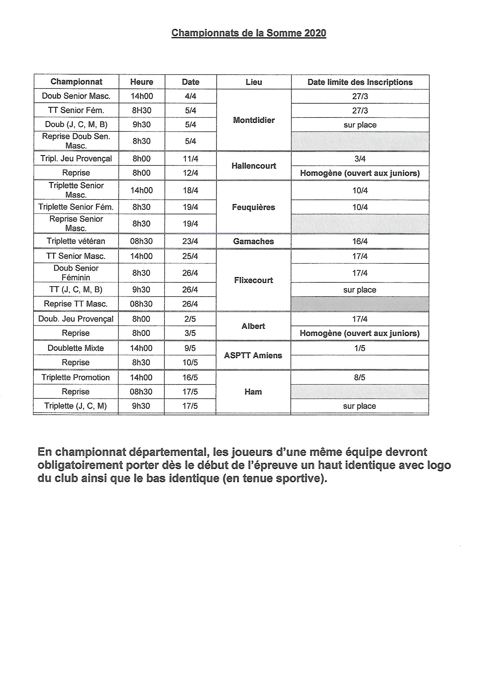 CALENDRIER DES CHAMPIONNATS DE LA SOMME 2020