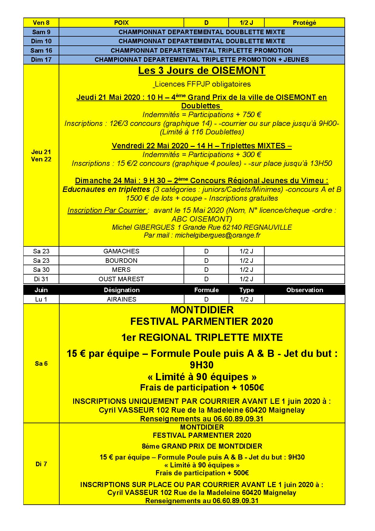 CALENDRIER FFPJP - SOMME 2020