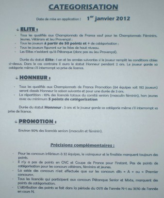 Categorisation , nouvelles grilles de points de categorisation , dates de Championnats 2012