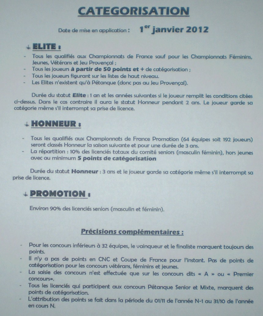 Categorisation , nouvelles grilles de points de categorisation , dates de Championnats 2012