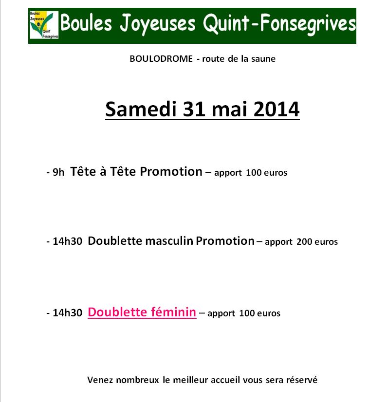 Concours Promotion à Fonsegrives samedi 31 mai dès 9h Concours Promotion à Fonsegrives samedi 31 mai dès 9h