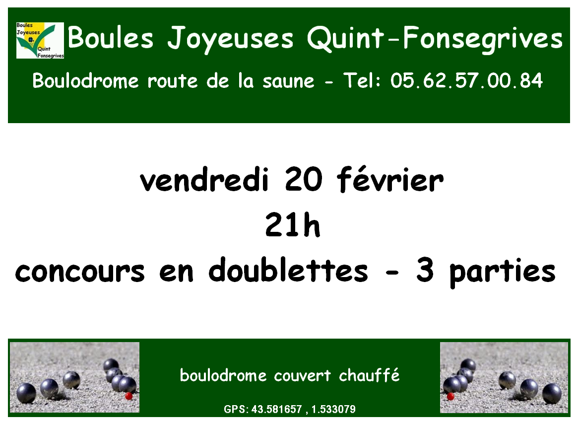 Vendredi 20 février 21h...concours en doublettes